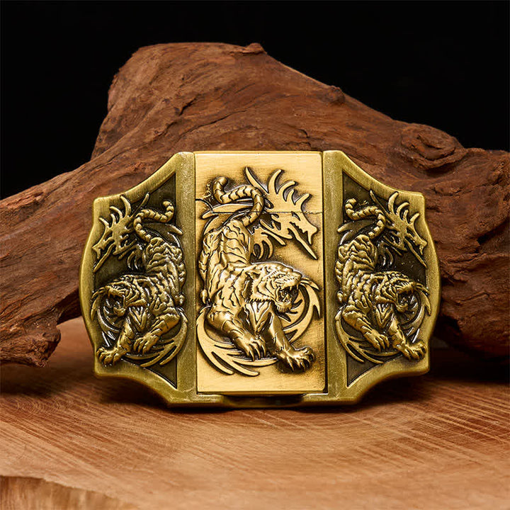 Männer DIY Bronze Triple Tiger Ledergürtel mit verstecktem Feuerzeug