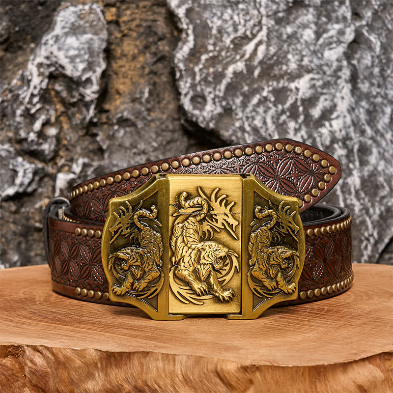 Männer DIY Bronze Triple Tiger Ledergürtel mit verstecktem Feuerzeug