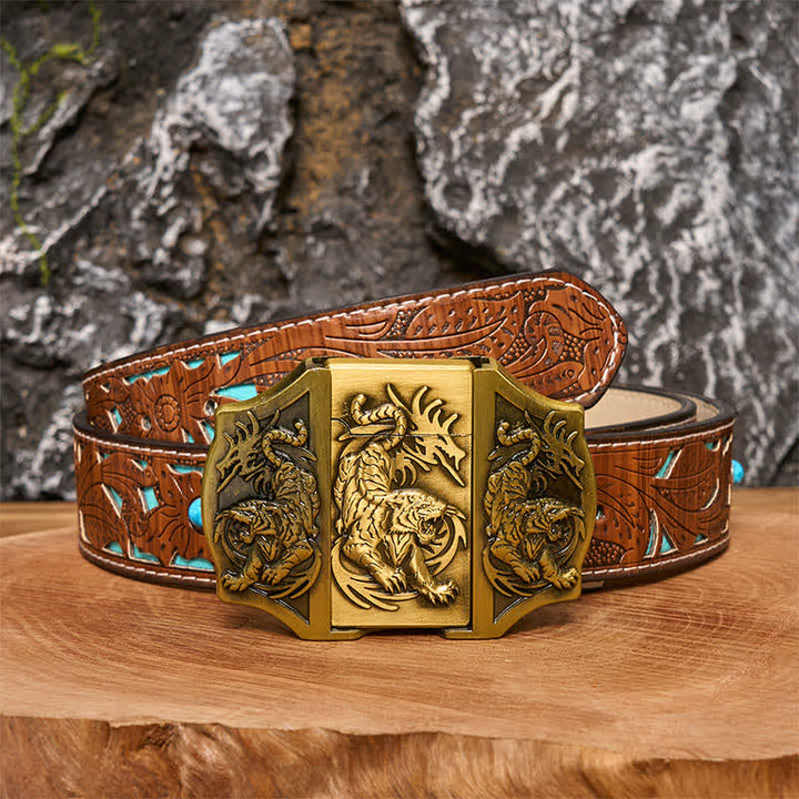 Männer DIY Bronze Triple Tiger Ledergürtel mit verstecktem Feuerzeug