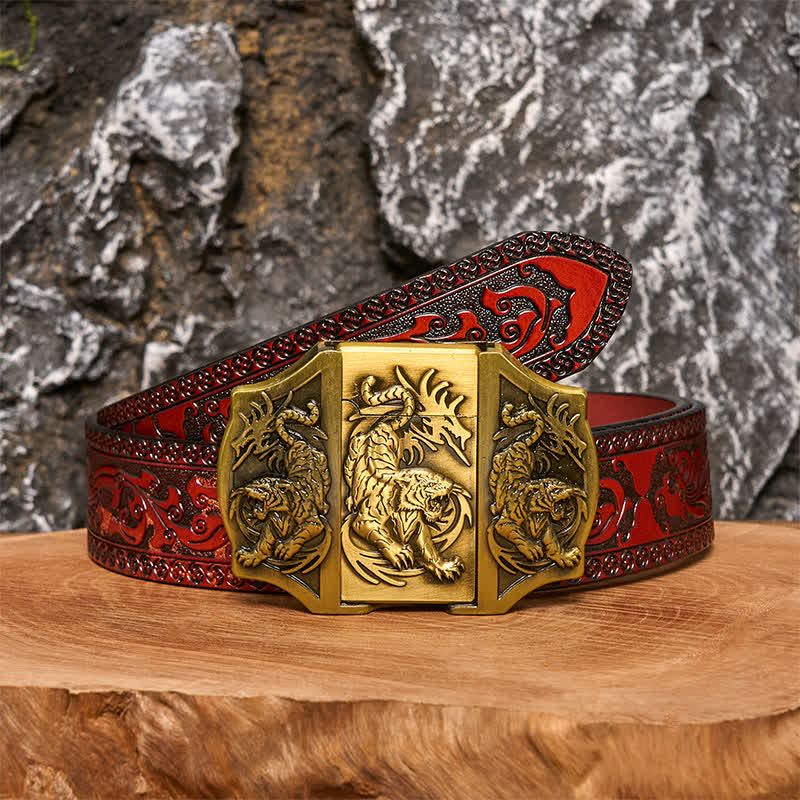 Männer DIY Bronze Triple Tiger Ledergürtel mit verstecktem Feuerzeug