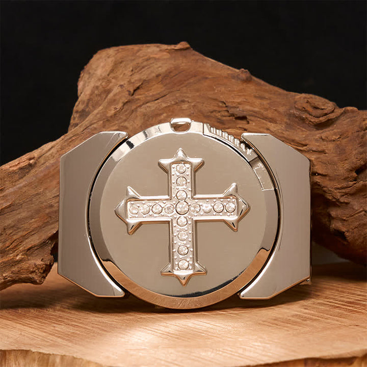 DIY Herren-Kreuz-Rhinestone-Bronze-Ledergürtel mit verstecktem Feuerzeug