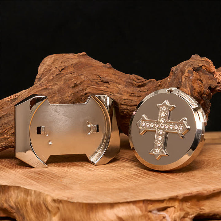 DIY Herren-Kreuz-Rhinestone-Bronze-Ledergürtel mit verstecktem Feuerzeug