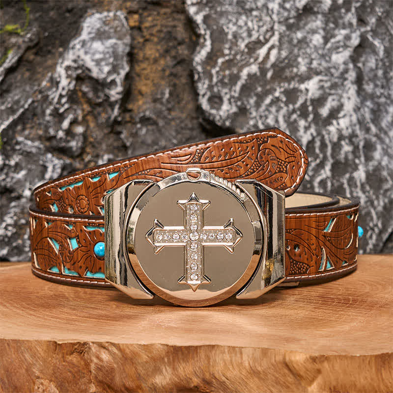 DIY Herren-Kreuz-Rhinestone-Bronze-Ledergürtel mit verstecktem Feuerzeug