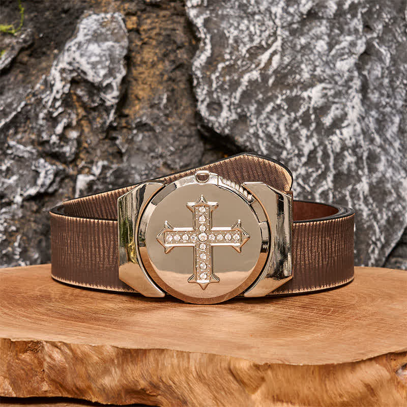 DIY Herren-Kreuz-Rhinestone-Bronze-Ledergürtel mit verstecktem Feuerzeug