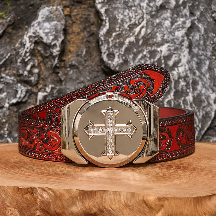 DIY Herren-Kreuz-Rhinestone-Bronze-Ledergürtel mit verstecktem Feuerzeug