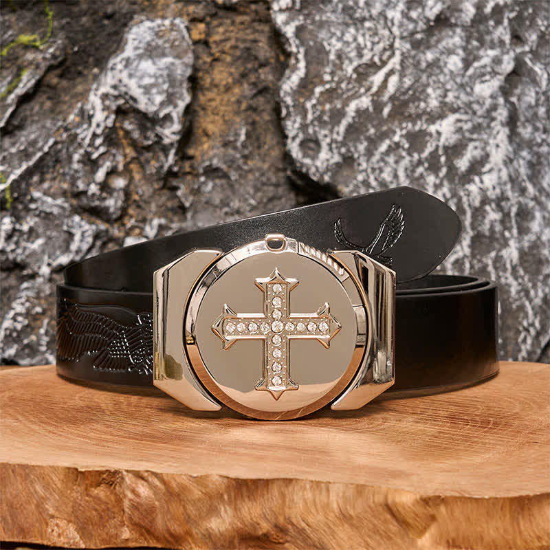 DIY Herren-Kreuz-Rhinestone-Bronze-Ledergürtel mit verstecktem Feuerzeug