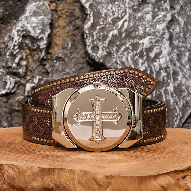 DIY Herren-Kreuz-Rhinestone-Bronze-Ledergürtel mit verstecktem Feuerzeug