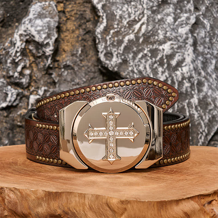 DIY Herren-Kreuz-Rhinestone-Bronze-Ledergürtel mit verstecktem Feuerzeug