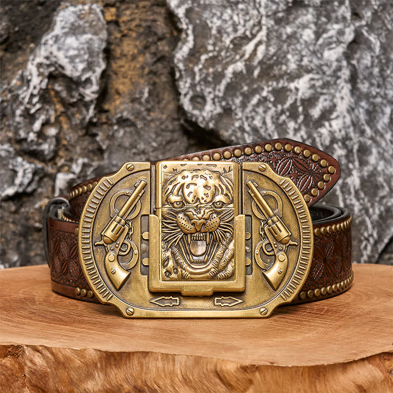 Herren DIY bronze Tiger Wildledergürtel mit verstecktem Feuerzeug