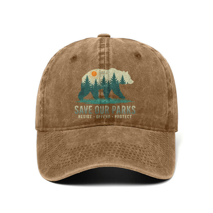 Forest Bear Save Our Parks Verstellbare Baseballkappe aus gewaschenem Denim