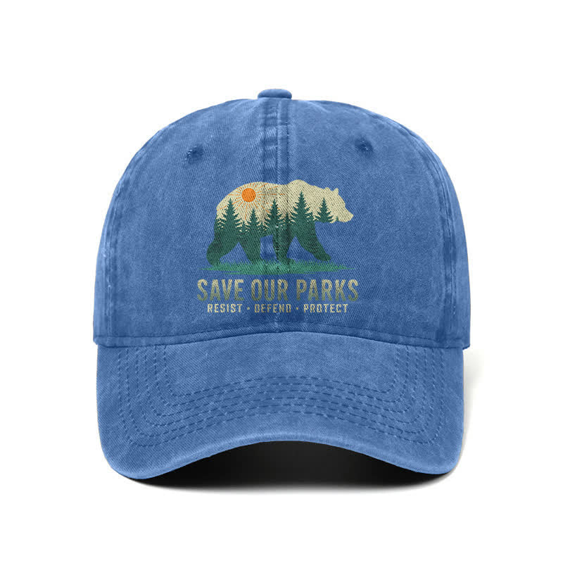 Forest Bear Save Our Parks Verstellbare Baseballkappe aus gewaschenem Denim