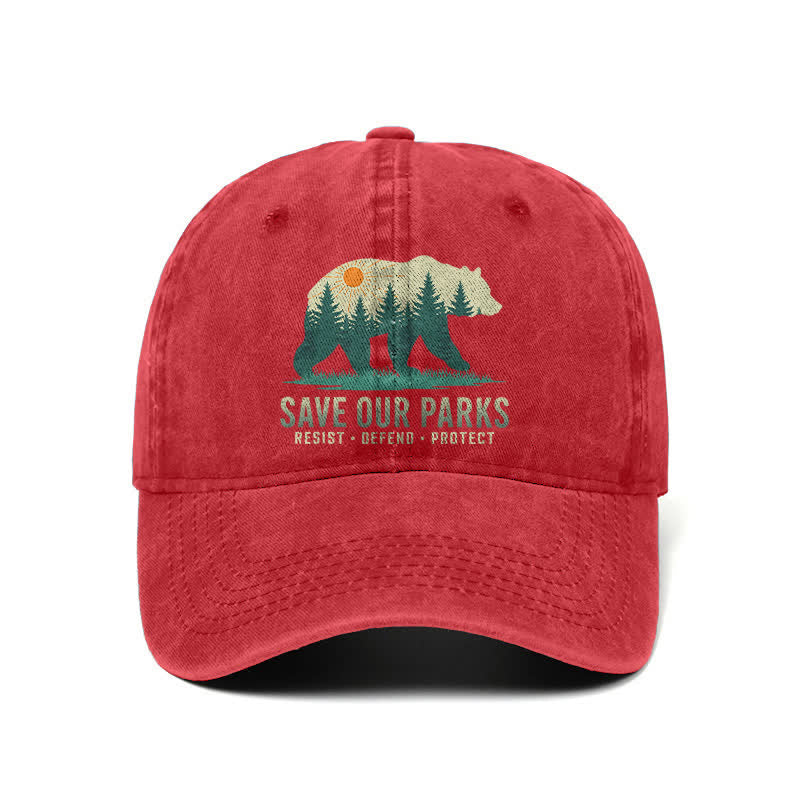 Forest Bear Save Our Parks Verstellbare Baseballkappe aus gewaschenem Denim