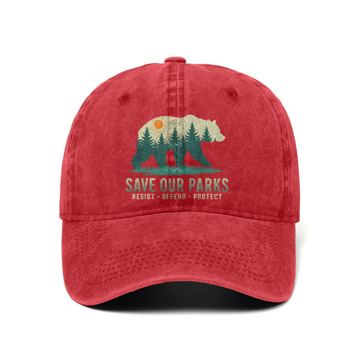 Forest Bear Save Our Parks Verstellbare Baseballkappe aus gewaschenem Denim