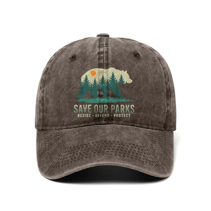 Forest Bear Save Our Parks Verstellbare Baseballkappe aus gewaschenem Denim
