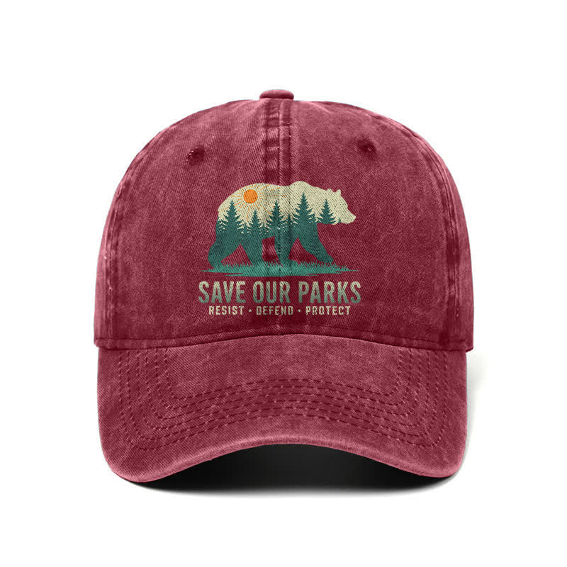 Forest Bear Save Our Parks Verstellbare Baseballkappe aus gewaschenem Denim