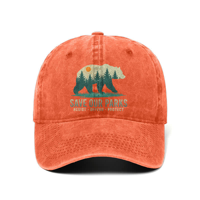 Forest Bear Save Our Parks Verstellbare Baseballkappe aus gewaschenem Denim