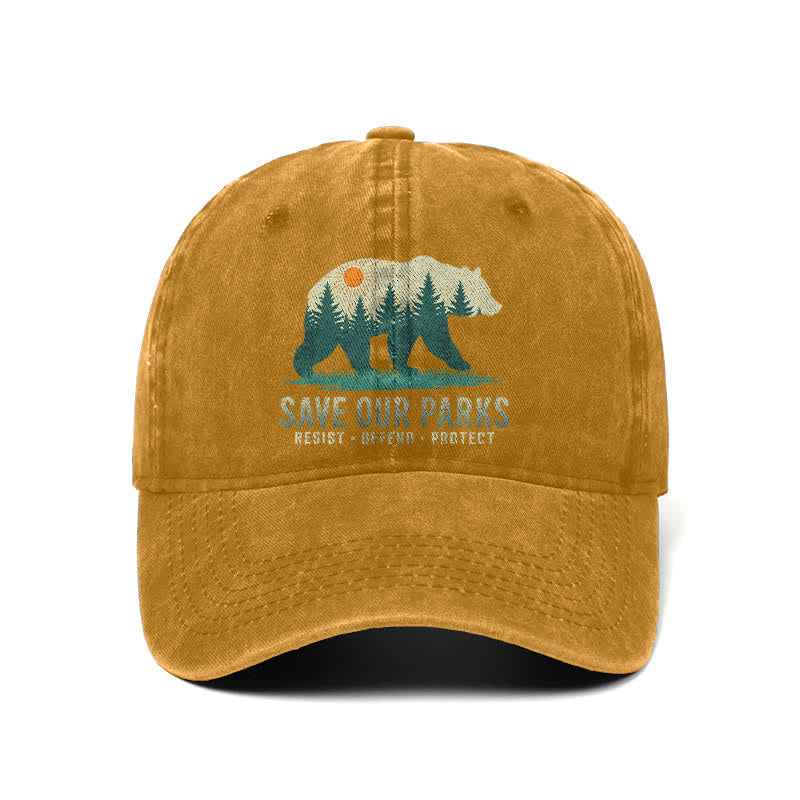Forest Bear Save Our Parks Verstellbare Baseballkappe aus gewaschenem Denim