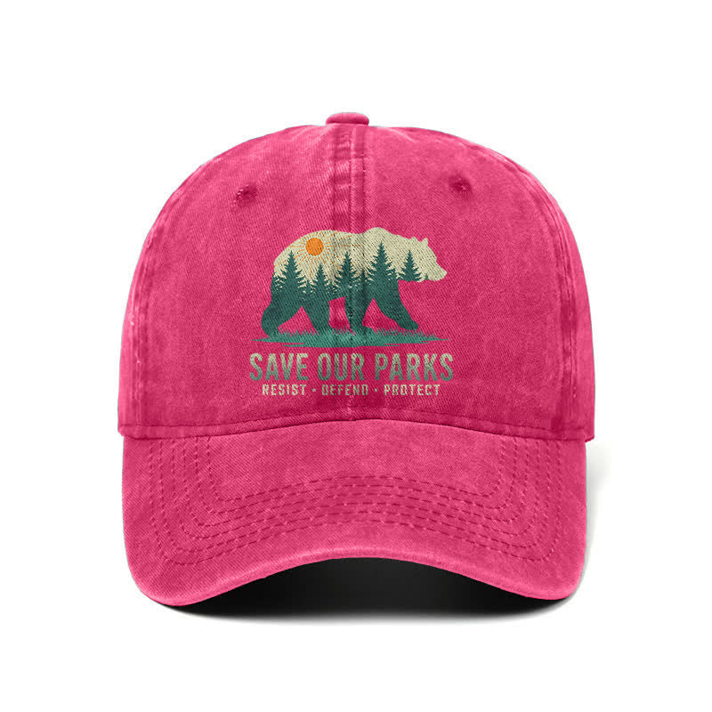 Forest Bear Save Our Parks Verstellbare Baseballkappe aus gewaschenem Denim