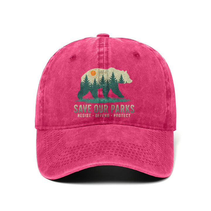 Forest Bear Save Our Parks Verstellbare Baseballkappe aus gewaschenem Denim