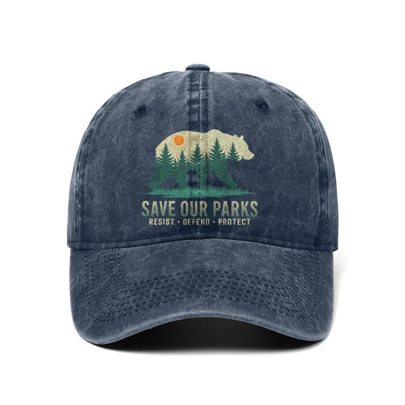 Forest Bear Save Our Parks Verstellbare Baseballkappe aus gewaschenem Denim