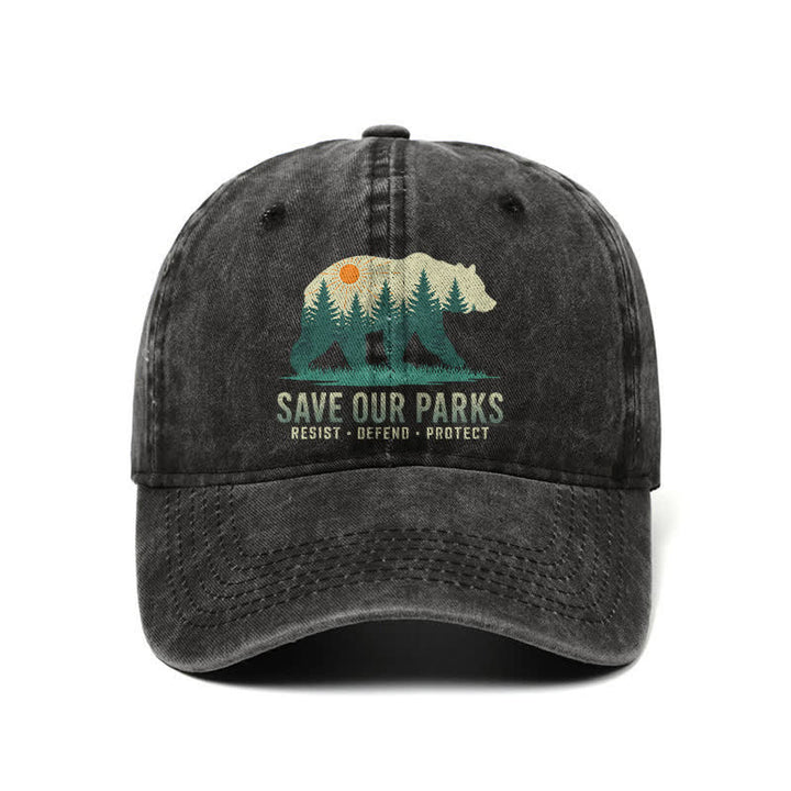 Forest Bear Save Our Parks Verstellbare Baseballkappe aus gewaschenem Denim