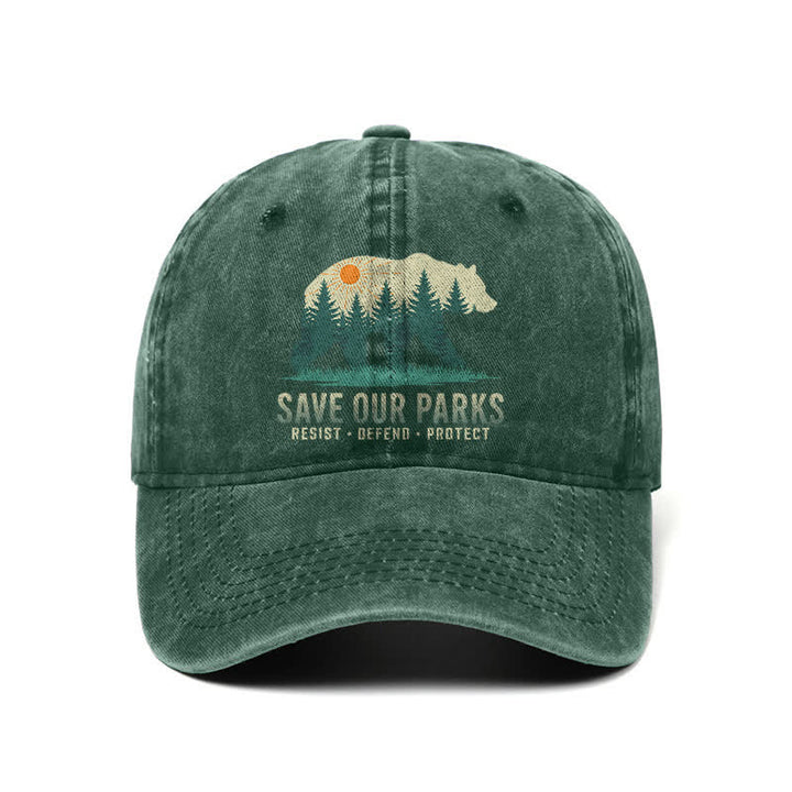 Forest Bear Save Our Parks Verstellbare Baseballkappe aus gewaschenem Denim