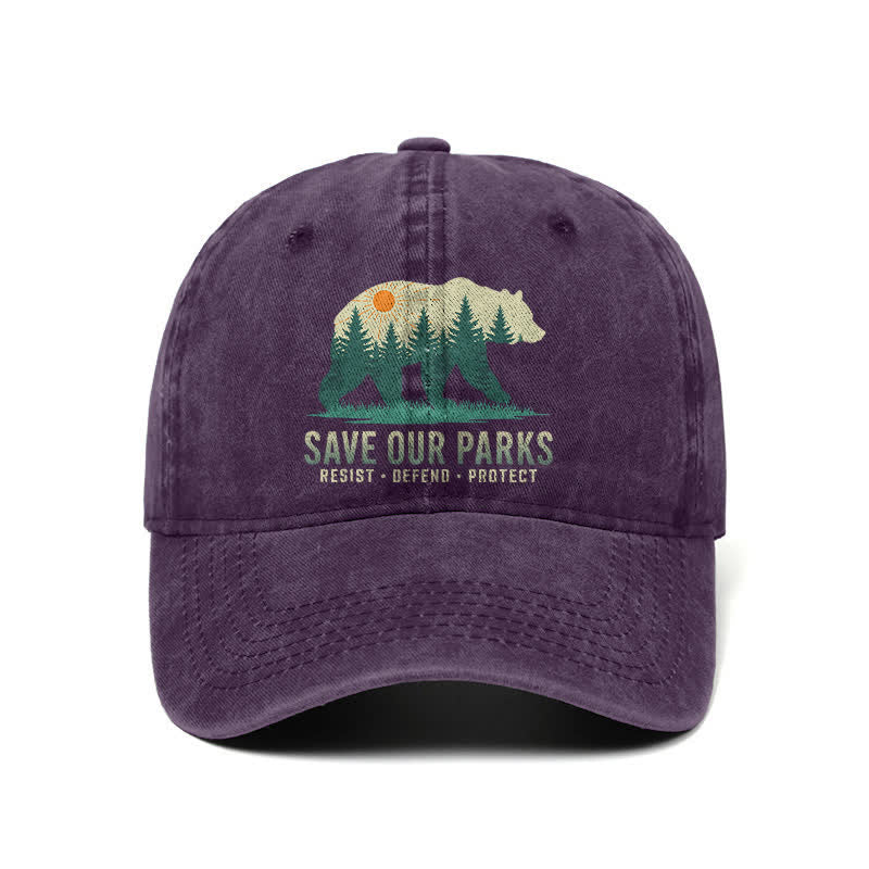 Forest Bear Save Our Parks Verstellbare Baseballkappe aus gewaschenem Denim