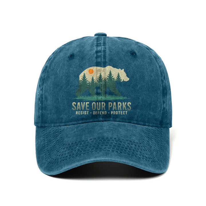 Forest Bear Save Our Parks Verstellbare Baseballkappe aus gewaschenem Denim