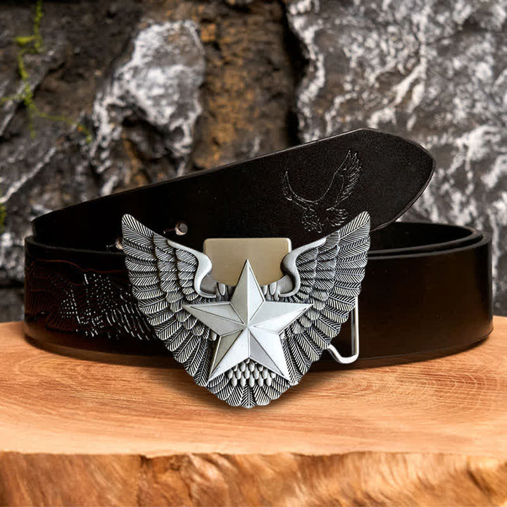 Herren DIY Engelsschwingenstern-Leder Gürtel mit verstecktem Feuerzeug - Stern - Schwarzer Gürtel mit geprägtem Adler - 42 - image 2