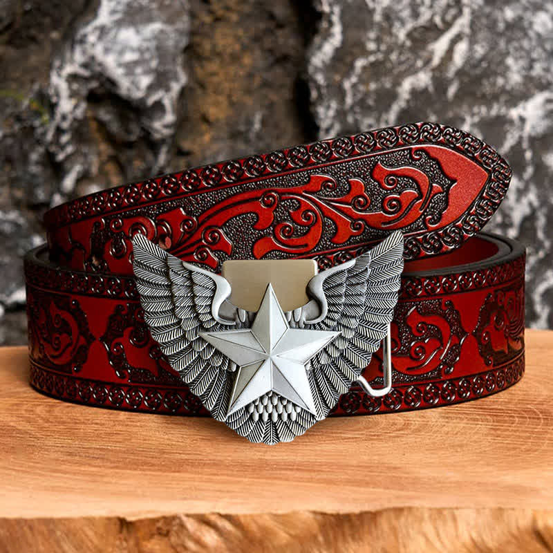 Herren DIY Engelsschwingenstern-Leder Gürtel mit verstecktem Feuerzeug - Stern - Brauner geschnitzter Gürtel - 42 - image 6