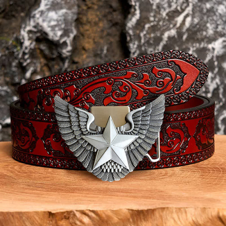 Herren DIY Engelsschwingenstern-Leder Gürtel mit verstecktem Feuerzeug - Stern - Brauner geschnitzter Gürtel - 42 - image 6