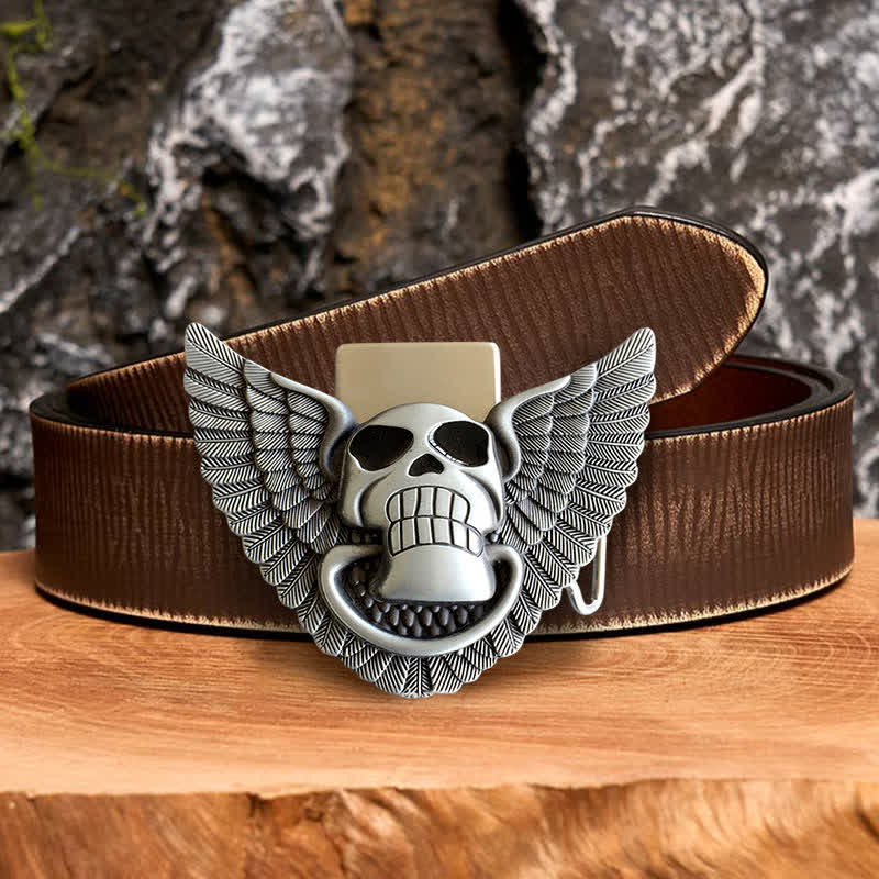 Männer DIY Totenkopf Engel Flügel Leder Gürtel mit verborgenem Feuerzeug
