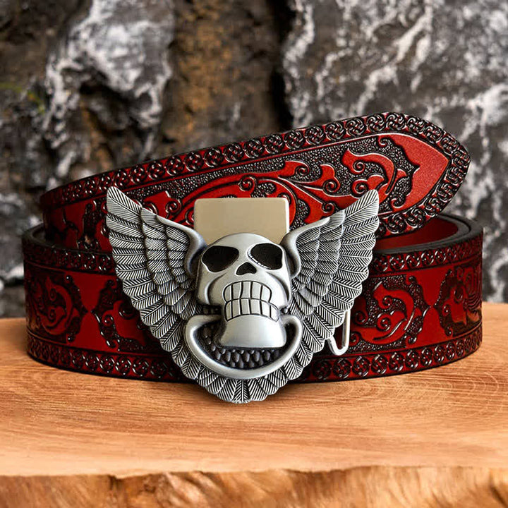 Männer DIY Totenkopf Engel Flügel Leder Gürtel mit verborgenem Feuerzeug