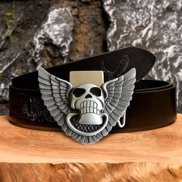 Männer DIY Totenkopf Engel Flügel Leder Gürtel mit verborgenem Feuerzeug