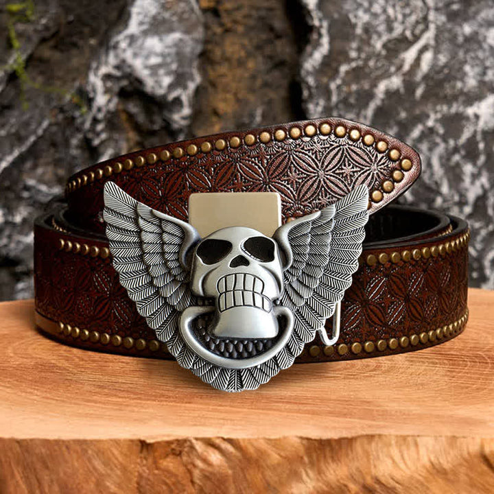 Männer DIY Totenkopf Engel Flügel Leder Gürtel mit verborgenem Feuerzeug