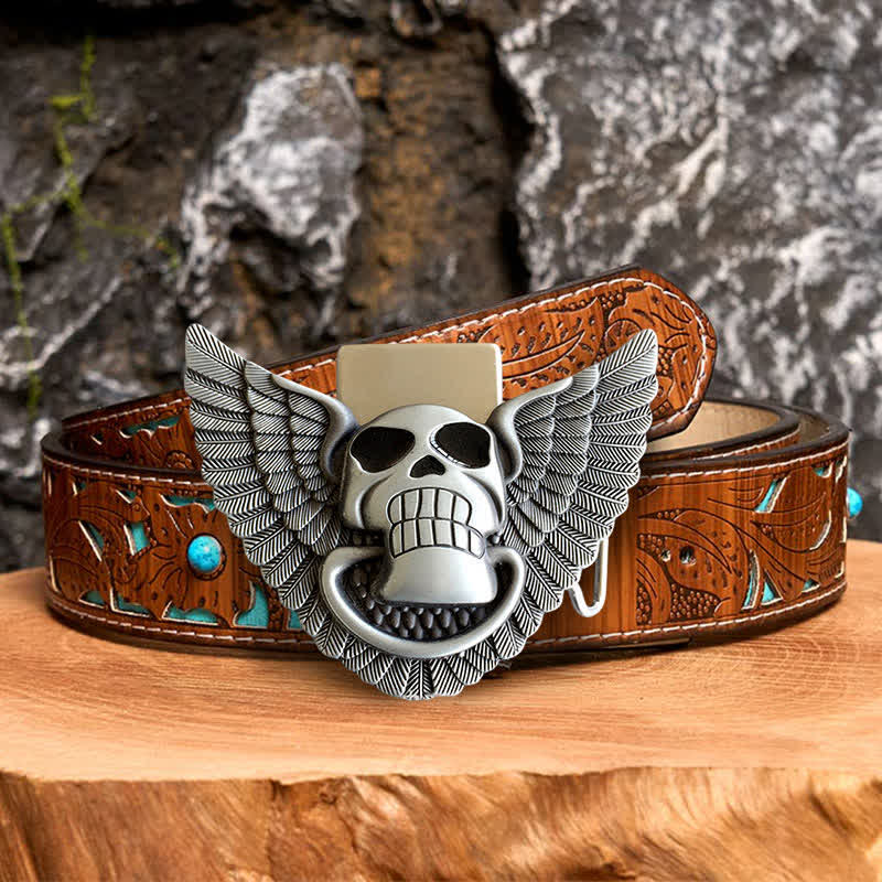 Männer DIY Totenkopf Engel Flügel Leder Gürtel mit verborgenem Feuerzeug