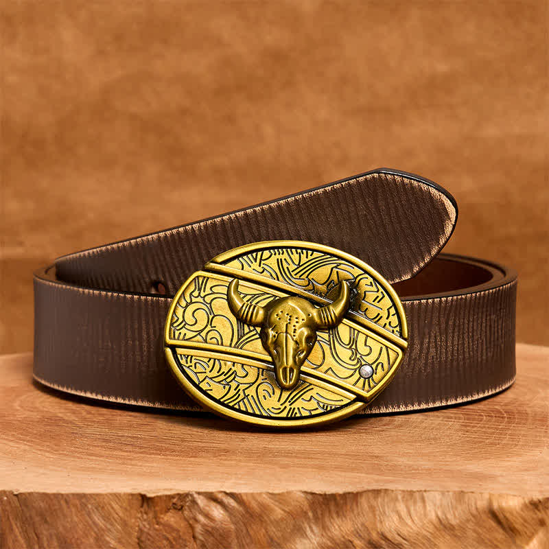 Herren DIY Bronze Longhorn Bull Verstecktes Klappmesser Ledergürtel - Longhorn-Bulle - Brauner Distressed-Gürtel - 42 - image 9