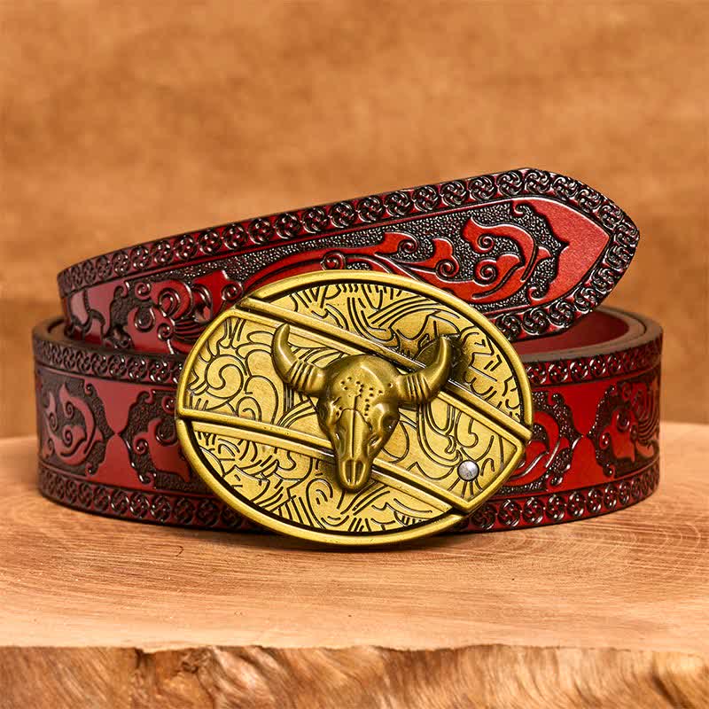 Herren DIY Bronze Longhorn Bull Verstecktes Klappmesser Ledergürtel - Longhorn-Bulle - Brauner geschnitzter Gürtel - 42 - image 8