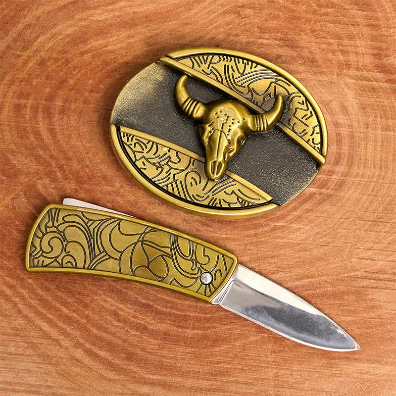 Herren DIY Bronze Longhorn Bull Verstecktes Klappmesser Ledergürtel - image 2