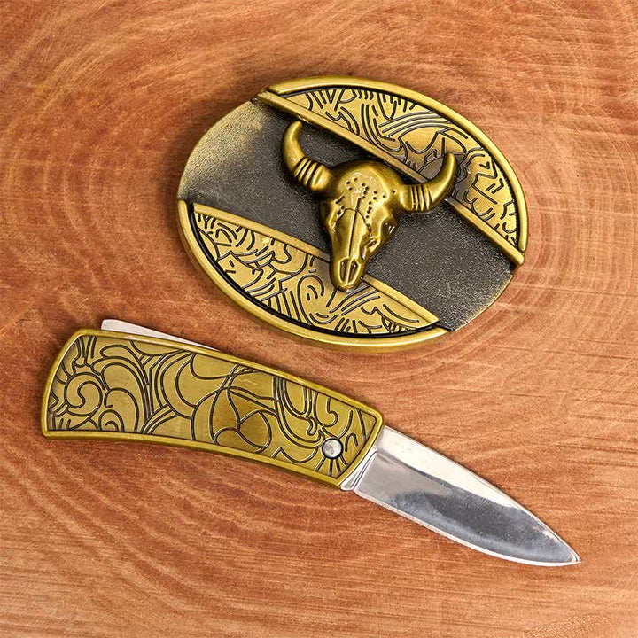 Herren DIY Bronze Longhorn Bull Verstecktes Klappmesser Ledergürtel - image 2