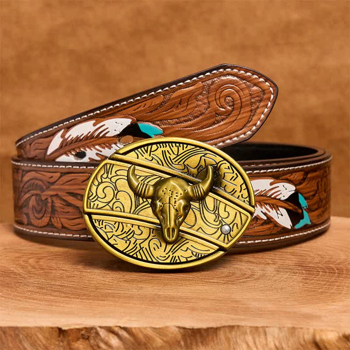 Herren DIY Bronze Longhorn Bull Verstecktes Klappmesser Ledergürtel - Longhorn-Bulle - Brauner Federgürtel - 40 - image 10