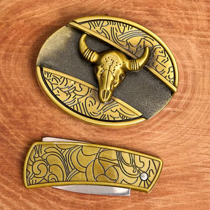 Herren DIY Bronze Longhorn Bull Verstecktes Klappmesser Ledergürtel - image 3