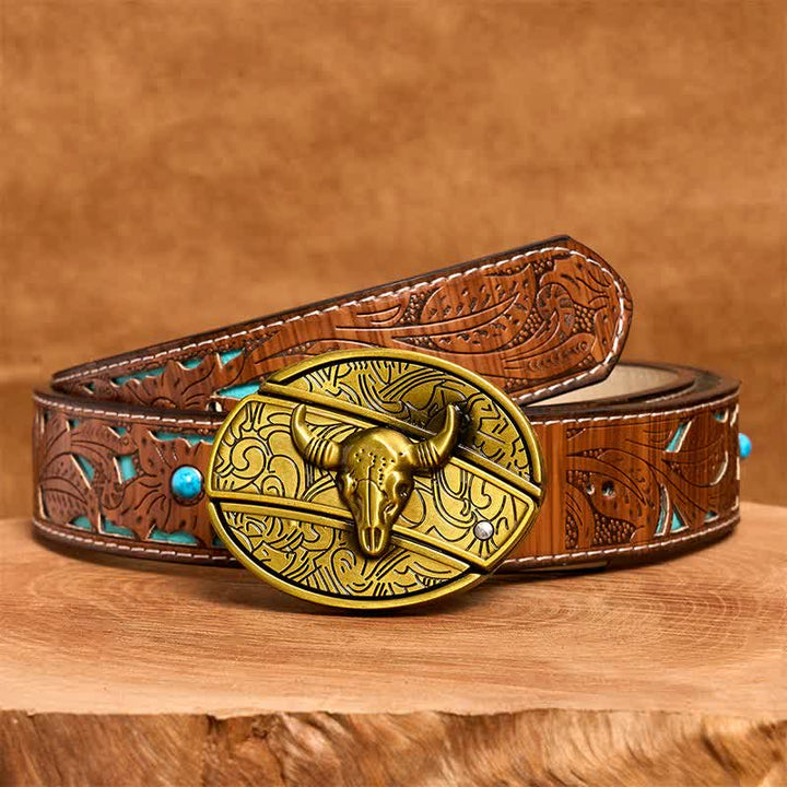 Herren DIY Bronze Longhorn Bull Verstecktes Klappmesser Ledergürtel - Longhorn-Bulle - Türkisfarbener geschnitzter Gürtel - 42 - image 6