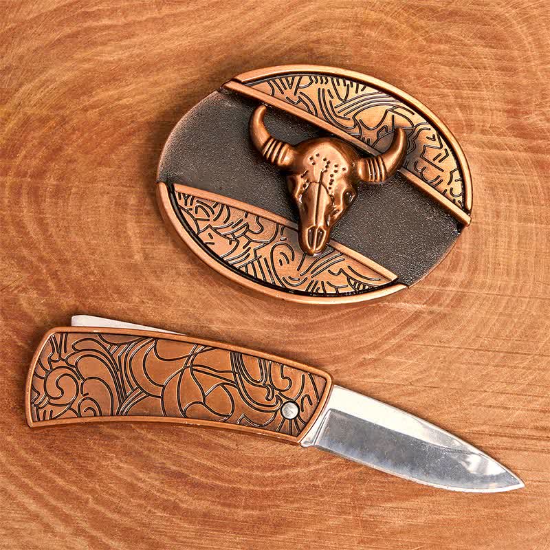 Herren DIY Rot Bronze Longhorn Bull Verstecktes Klappmesser Ledergürtel - image 2