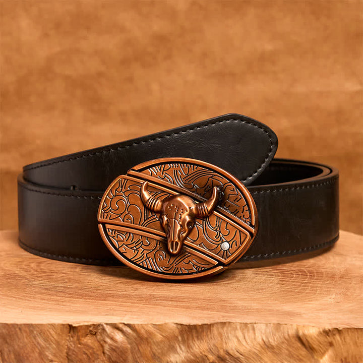 Herren DIY Rot Bronze Longhorn Bull Verstecktes Klappmesser Ledergürtel - Longhorn-Bulle - Schwarzer PU-Gürtel - 42 - image 5