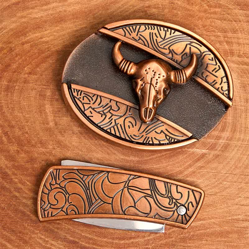 Herren DIY Rot Bronze Longhorn Bull Verstecktes Klappmesser Ledergürtel - image 4