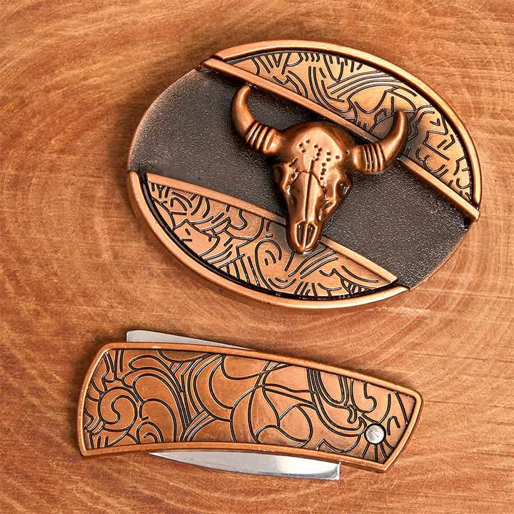 Herren DIY Rot Bronze Longhorn Bull Verstecktes Klappmesser Ledergürtel - image 4