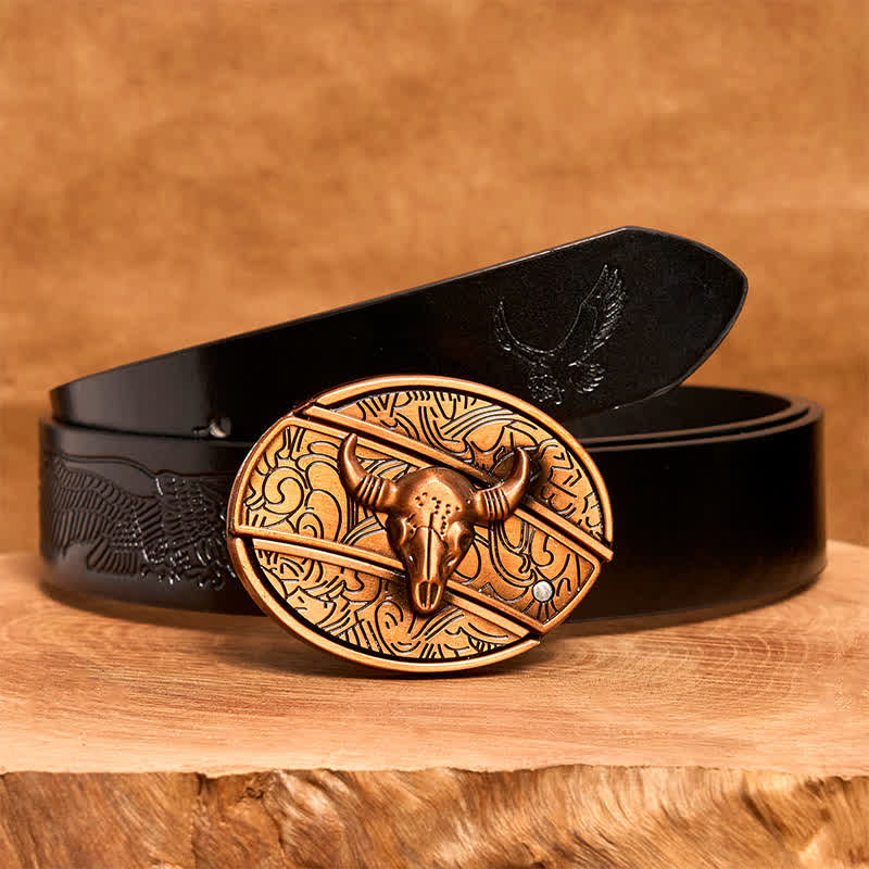 Herren DIY Rot Bronze Longhorn Bull Verstecktes Klappmesser Ledergürtel - Longhorn-Bulle - Schwarzer Gürtel mit geprägtem Adler - 42 - image 7
