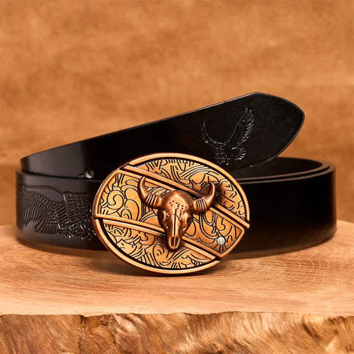 Herren DIY Rot Bronze Longhorn Bull Verstecktes Klappmesser Ledergürtel - Longhorn-Bulle - Schwarzer Gürtel mit geprägtem Adler - 42 - image 7