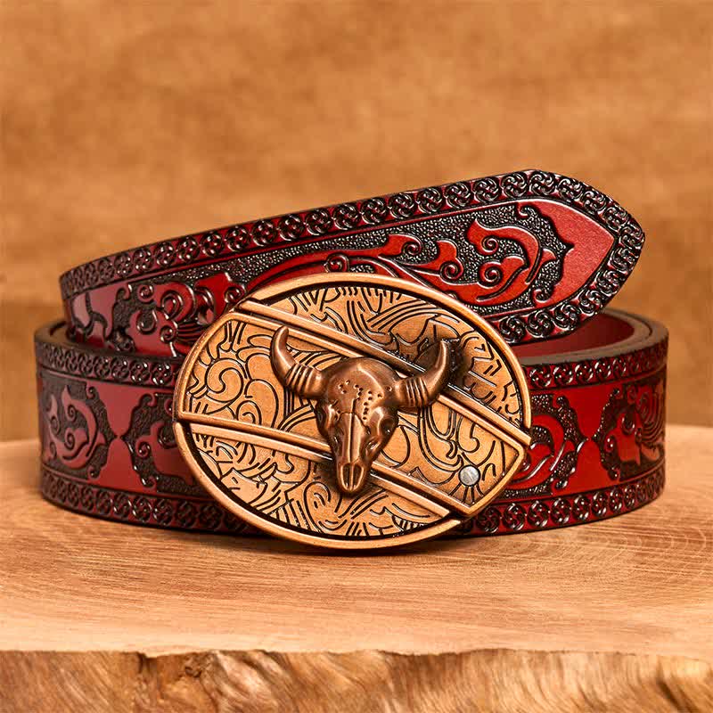 Herren DIY Rot Bronze Longhorn Bull Verstecktes Klappmesser Ledergürtel - Longhorn-Bulle - Brauner geschnitzter Gürtel - 42 - image 8